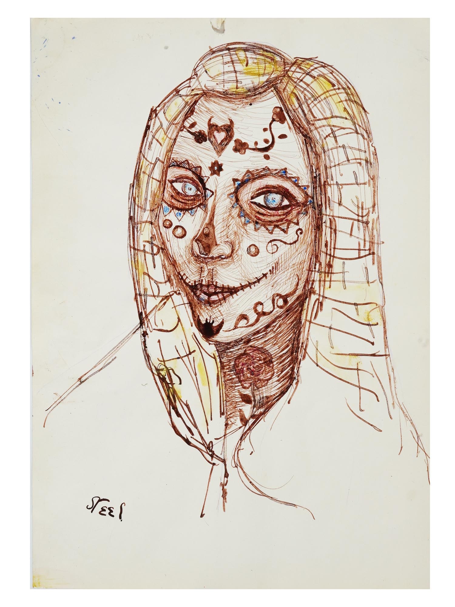 ATTR TO ALICE NEEL MIXED MEDIA PAINTING ON PAPER: Attributed to Alice Neel, American, 1900 to 1984, a mixed media art on paper depicting a portrait of a woman. Signed lower left. Alice Neel was an American visual artist, who was known for her portrai
