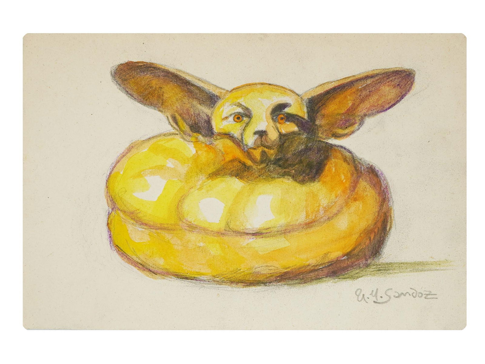 PAINTING AFTER SWISS SCULPTURE BY EDOUARD SANDOZ FENNEC: A mixed media painting after the original sculpture titled Seated Fennec, circa 1920s, by Edouard Marcel Sandoz, Swiss, 1880 to 1971. Signed in pencil lower right. Edouard Sandoz studied from 1900 to