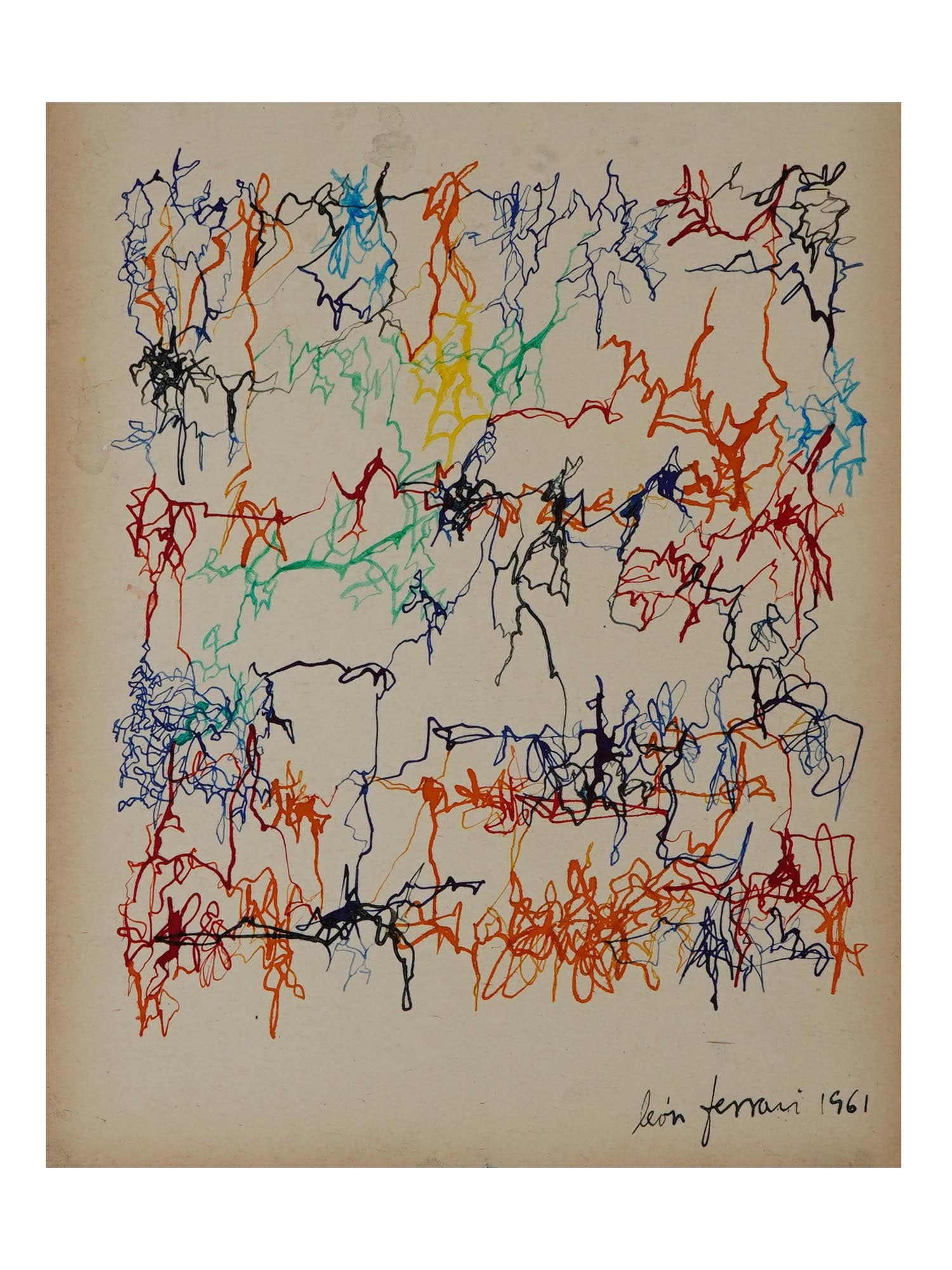 ATTR TO LEON FERRARI MODERN ABSTRACT INK PAINTING: Attributed to Leon Ferrari, Argentine, 1920 to 2013, ink painting on paper depicting an abstract composition, 1961. Signed and dated, lower right. Leon Ferrari was an Argentine contemporary conceptual
