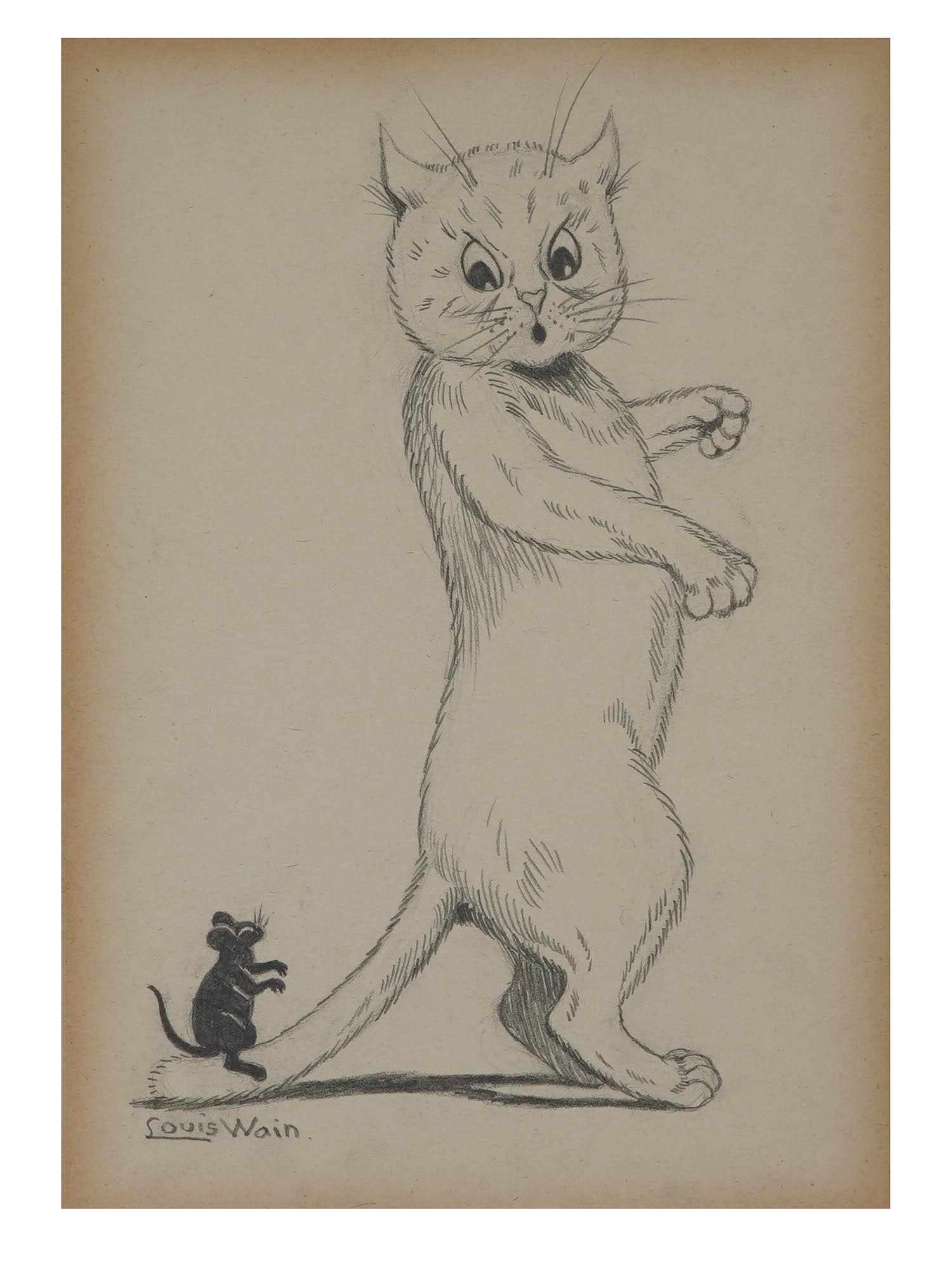 ENGLISH CAT MOUSE PENCIL PAINTING AFTER LOUIS WAIN: A pencil painting on cardboard, Cat and Mouse, after the original pen and ink painting on paper, by Louis William Wain, English, 1860 to 1939. Signed lower left. Louis William Wain was an artist best