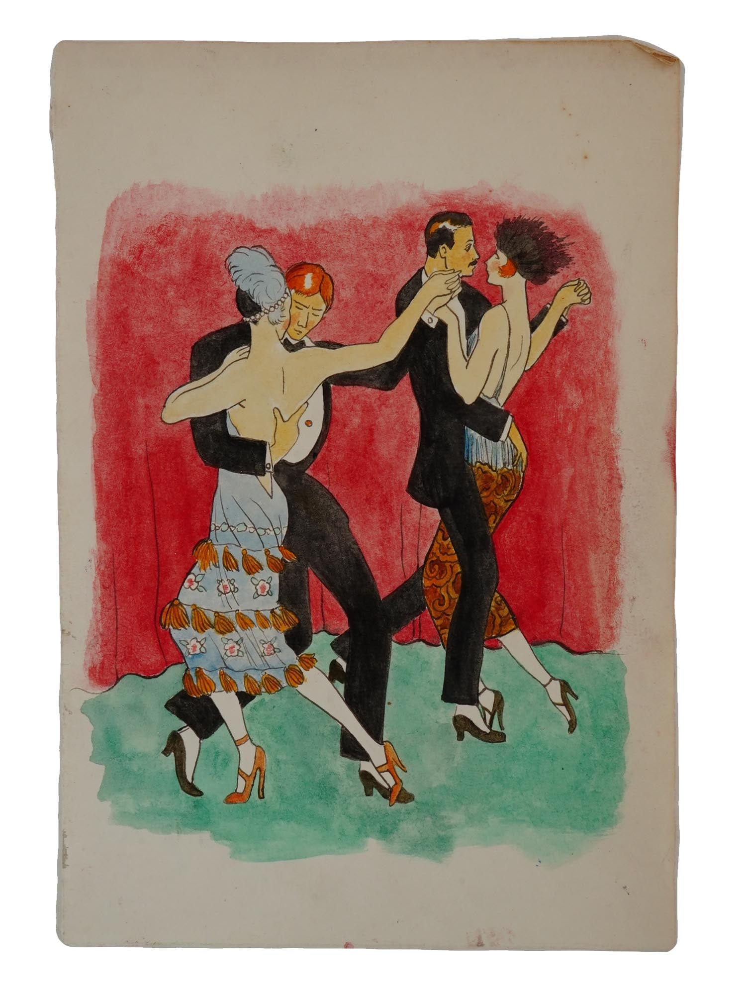 ART DECO MIXED MEDIA PAINTING AFTER GEORGE BARBIER: An Art Deco manner mixed media painting on paper after the original painting, First Tango in Paris? 1919, by George Barbier, French, 1882 to 1932. Unsigned. George Barbier was one of the great French