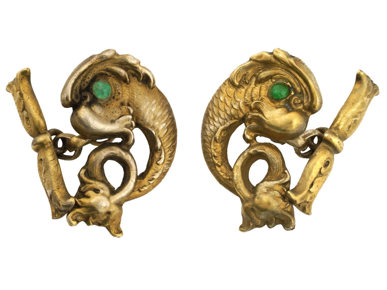 RUSSIAN SILVER EMERALD DOLPHIN CHAIN CUFFLINKS: A pair of Russian silver chain style cufflinks. The front parts portray a dolphin with emerald cabochon eyes. Each piece has an 88 Russian silver standard hallmark and makers marks on the reverse side