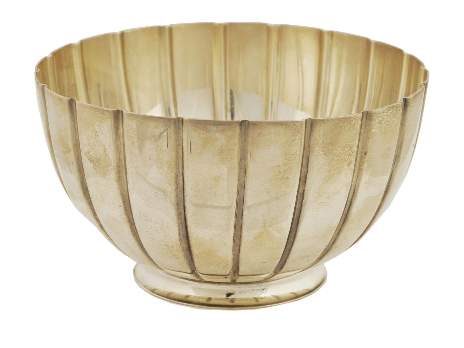 VINTAGE MID 20TH CENTURY ITALIAN BOWL BY BVLGARI: A vintage, mid 20th century, Italian silver tone bowl by Bvlgari. The scalloped bowl in silver tone, raised at the base and shaped like a deep flower bud. Marked Bvlgari on the bottom. European Table