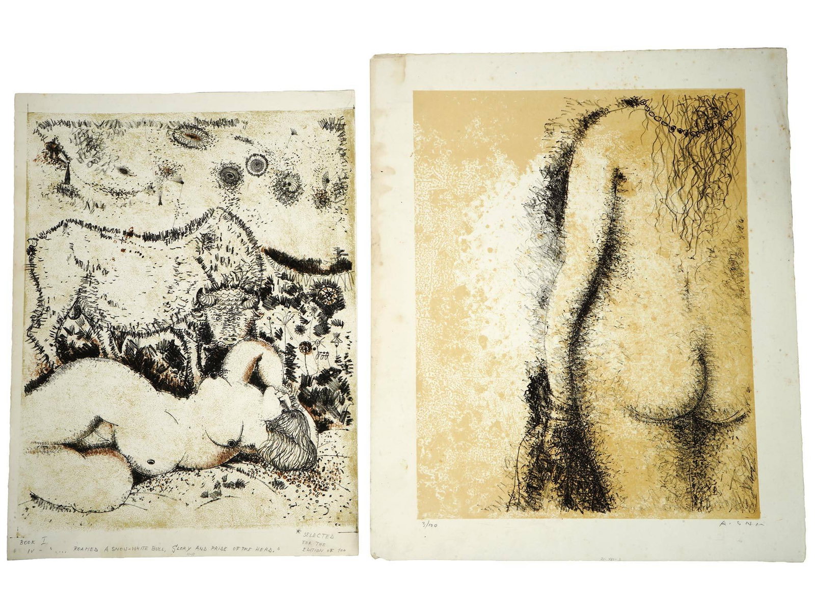 VINTAGE ITALIAN FEDERICO RIGHI LIMITED ED LITHOGRAPHS: A lot of 2 vintage Italian limited edition lithographs on paper by Federico Righi, 1908 to 1986. Circa late 20th century, 1970s. One lithograph depicts a laying nude woman with a bull standing behind 