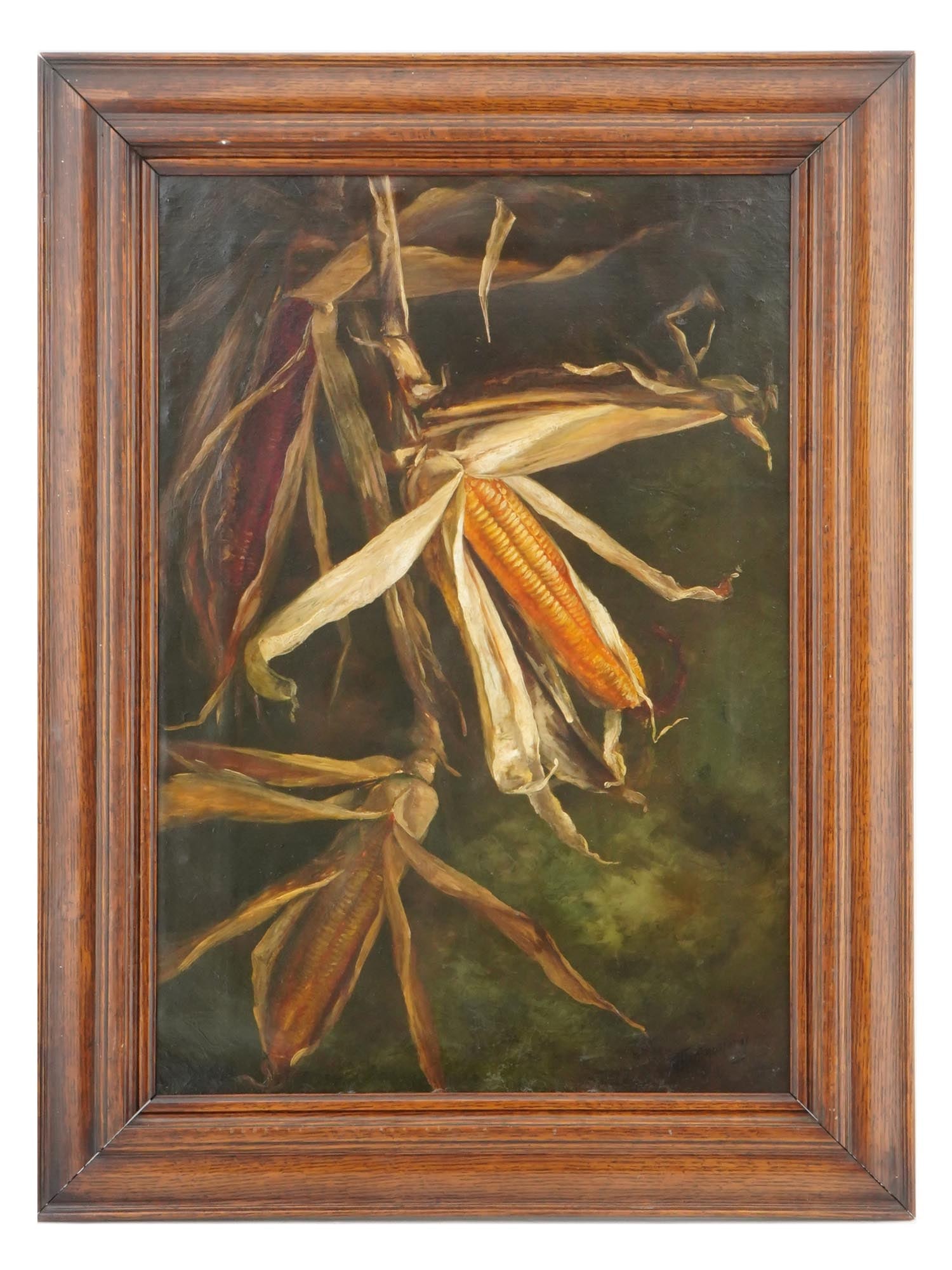 ALFRED MONTGOMERY AMERICAN STILL LIFE PAINTING: Alfred E.A. Montgomery, American, 1857 to 1922, an oil painting on canvas depicting a still life composition with corn cobs. Signed by the artist lower left. Framed. Alfred Montgomery is known for far