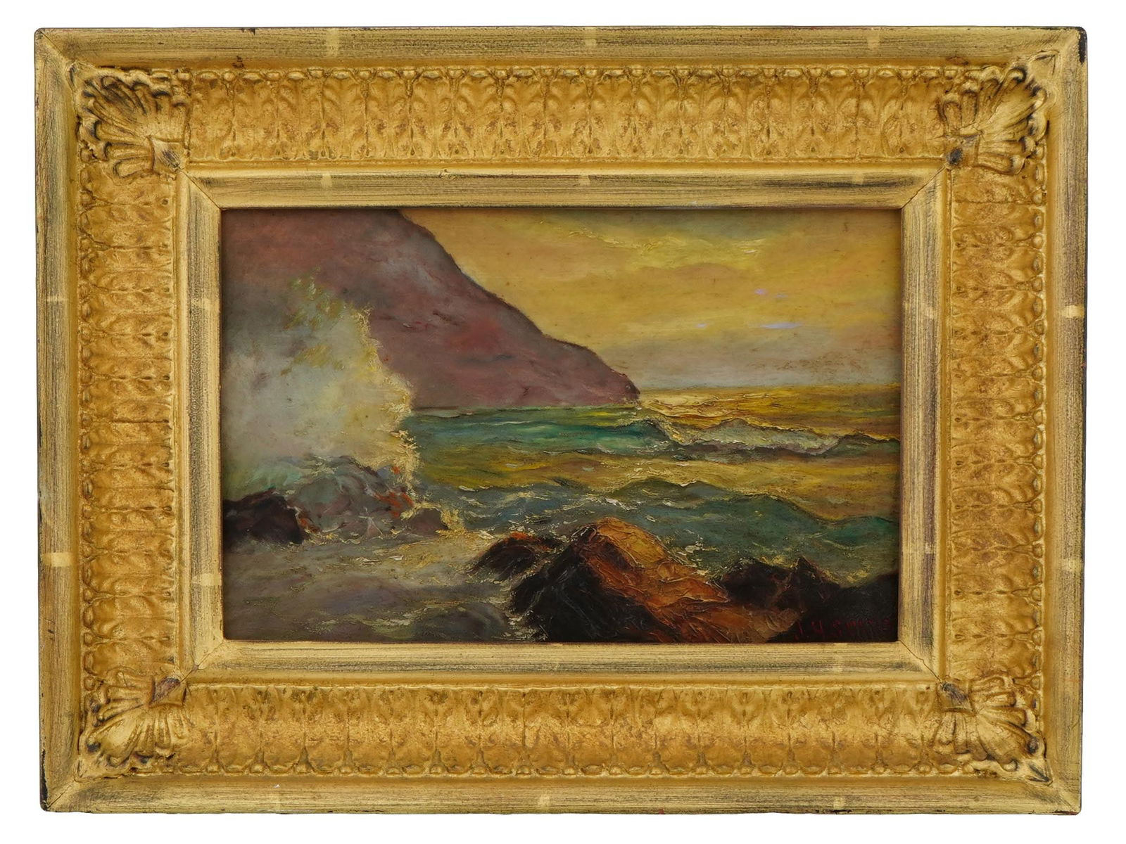 AMERICAN OIL PAINTING BY JOSEPH HENRY SHARP SEASCAPE: Joseph Henry Sharp, American, 1859 to 1953, an oil painting on board depicting a seascape. Signed by the artist lower right. Framed. Joseph Henry Sharp was a painter and a founding member of the Taos
