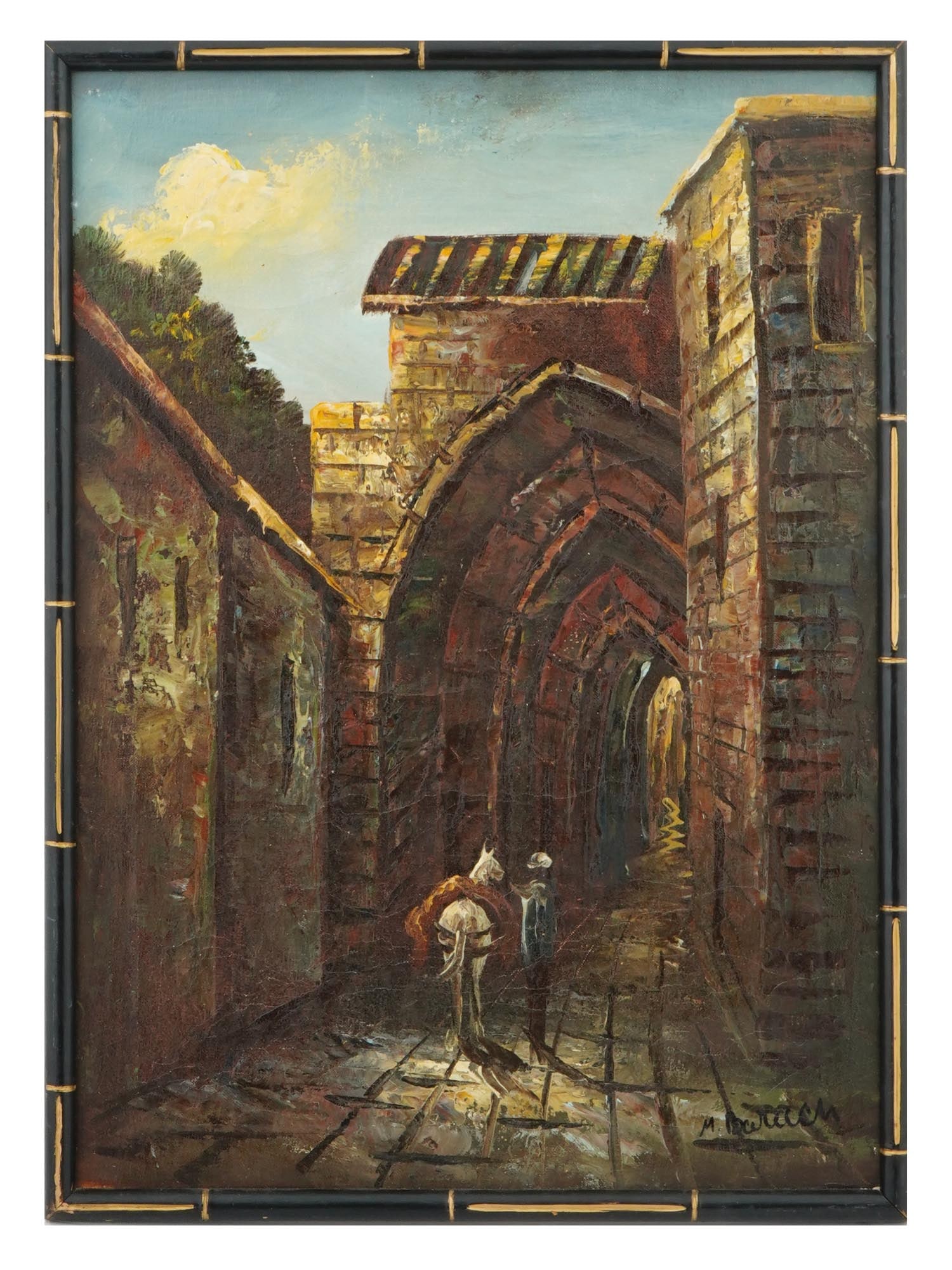 MID CENT ORIENTAL CITYSCAPE OIL PAINTING SIGNED (1 of 4)