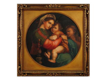ANTIQUE OIL PAINTING OF MADONNA AFTER RAPHAEL: Oil on canvas painting. After the ca. 1513 artwork titled Madonna della Seggiola or Madonna della Sedia by Raffaello Sanzio, or Raphael, 1483 to 1520, an Italian painter and architect of the High Rena