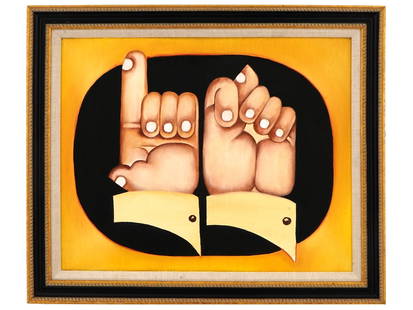 ATTR TO MARTIN WONG AMERICAN CHINESE OIL PAINTING: Attributed to Martin Wong, Chinese, American, 1946 to 1999, oil painting on canvas depicting a composition with hands. Signed on the backside. Framed. Martin Wong was a Chinese American painter of the