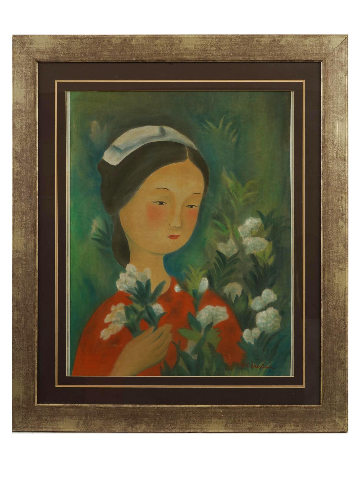 ATTR VU CAO DAM VIETNAMESE WATERCOLOR PAINTING SILK: Attributed to Vu Cao Dam, Vietnamese, 1908 to 2000, watercolor painting on silk depicting a portrait of a lady in flowers. Signed in Latin, lower right. Framed. Vu Cao Dam is known for modernist figur