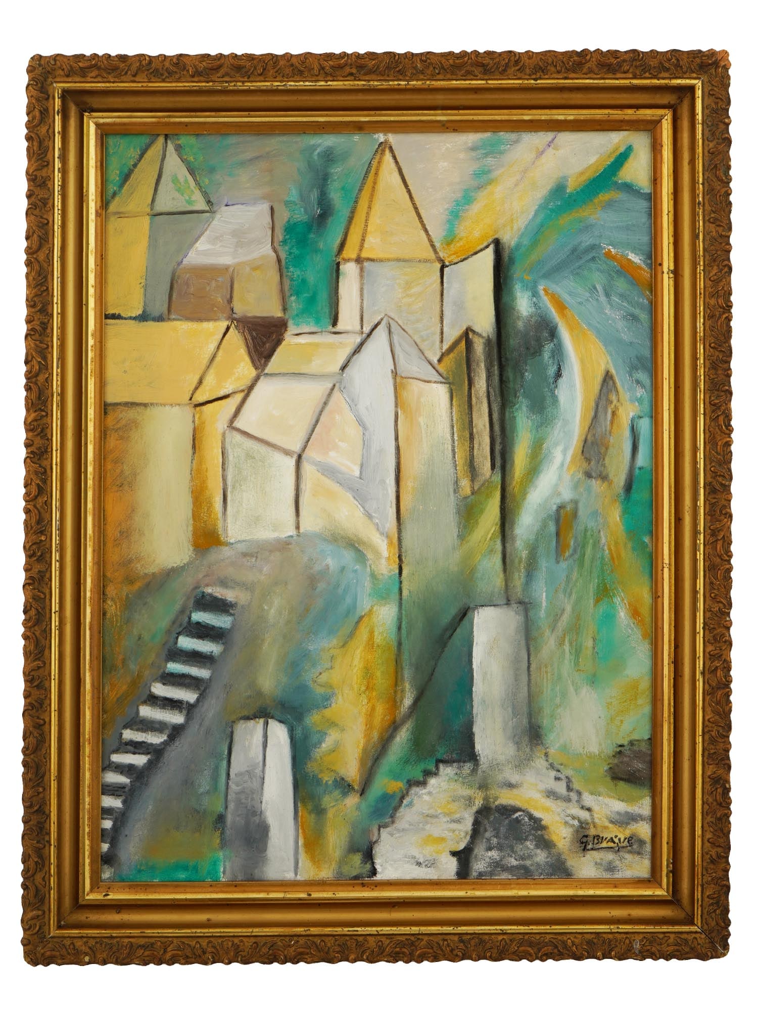 FRENCH MODERNIST PAINTING ATTR TO GEORGES BRAQUE: Attributed to Georges Braque, French, 1882 to 1963, an oil painting on canvas depicting a cityscape. Signed lower right. Framed. Additionally inscribed on the back. Georges Braque was a major 20th-cen
