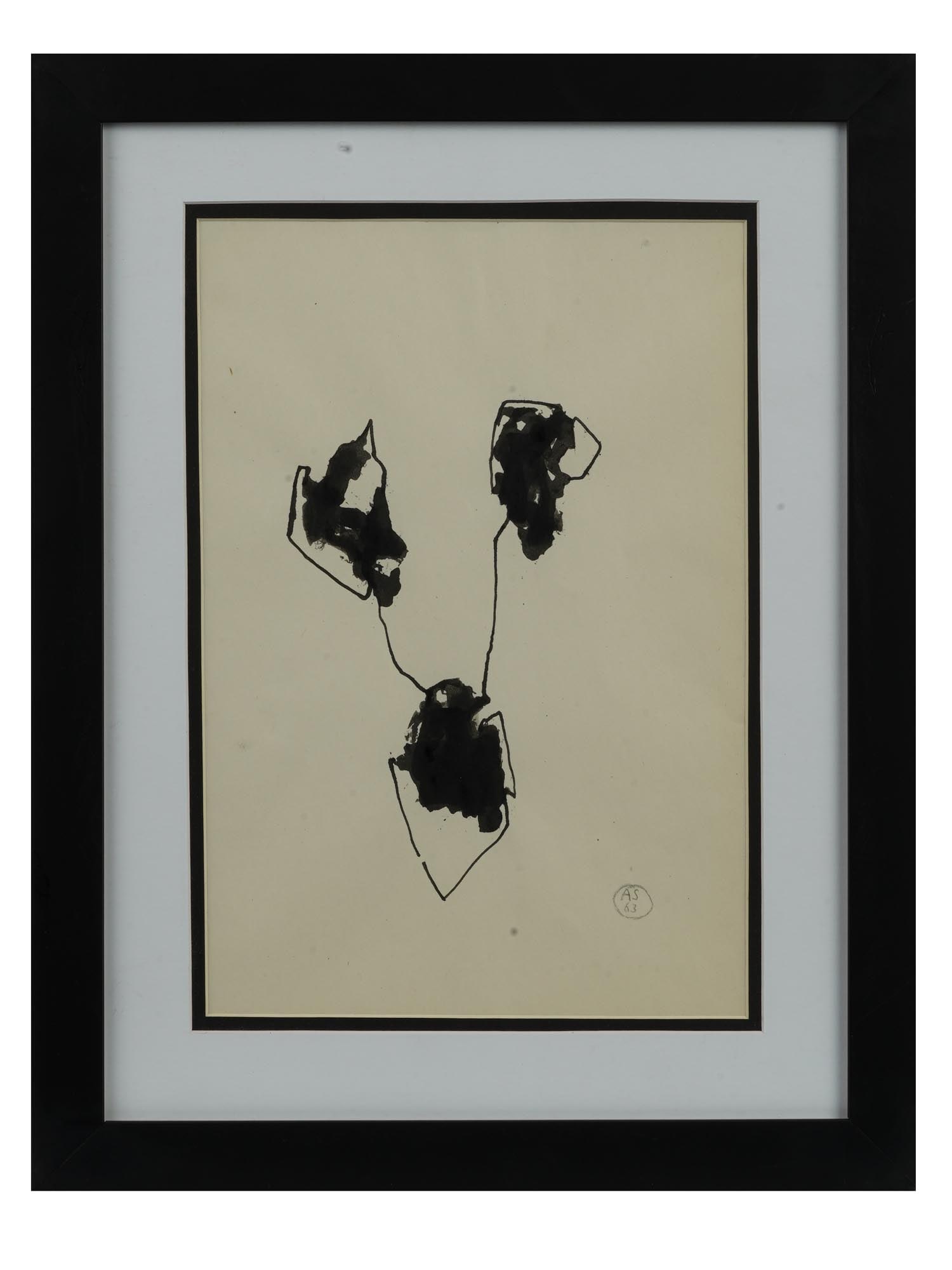ATTRIBUTED TO ALINA SZAPOCZNIKOW POLISH INK PAINTING: Attributed to Alina Szapocznikow, Polish, 1926 to 1973, ink painting on paper depicting an abstract composition, 1963. Signed with initials and dated, lower right. Matted and framed. Alina Szapoczniko