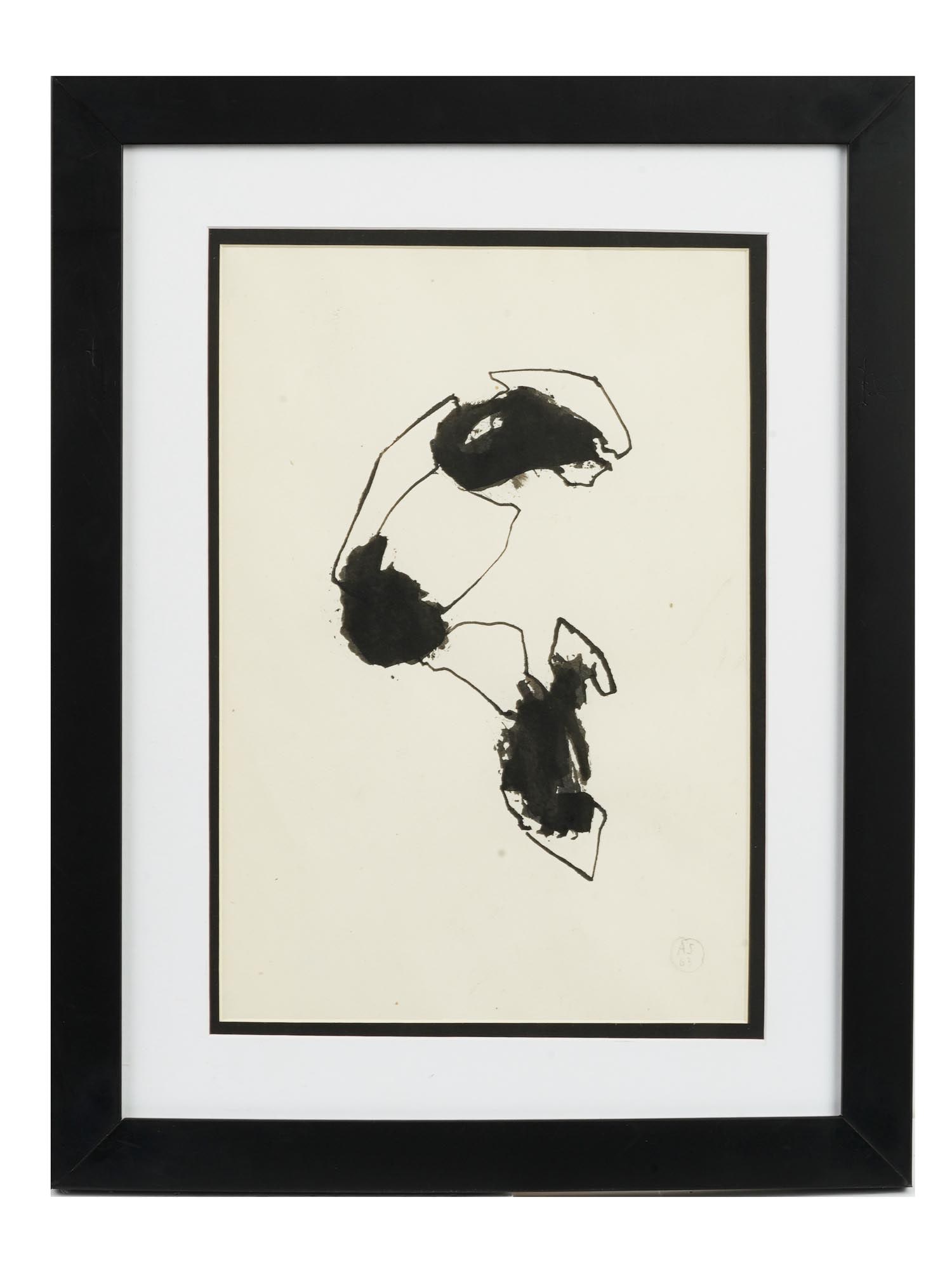 ATTRIBUTED TO ALINA SZAPOCZNIKOW POLISH INK PAINTING: Attributed to Alina Szapocznikow, Polish, 1926 to 1973, ink painting on paper depicting an abstract composition, 1963. Signed with initials and dated, lower right. Matted and framed. Alina Szapoczniko