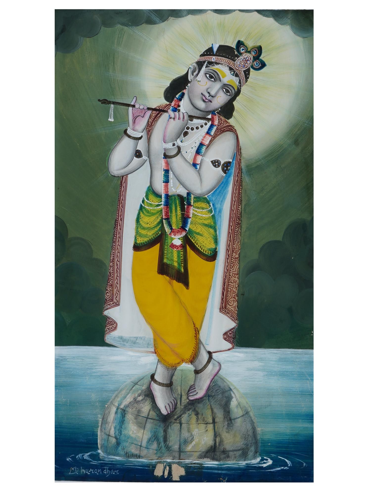 INDIAN MYTHOLOGICAL GOUACHE PAINTING BY MV DHURANDHAR: Gouache painting by Mahadev Vishwanath Dhurandhar, 1867 to 1944, an Indian painter and postcard artist of the British colonial era. The piece depicts Krishna, a major deity in Hinduism. Signed by the