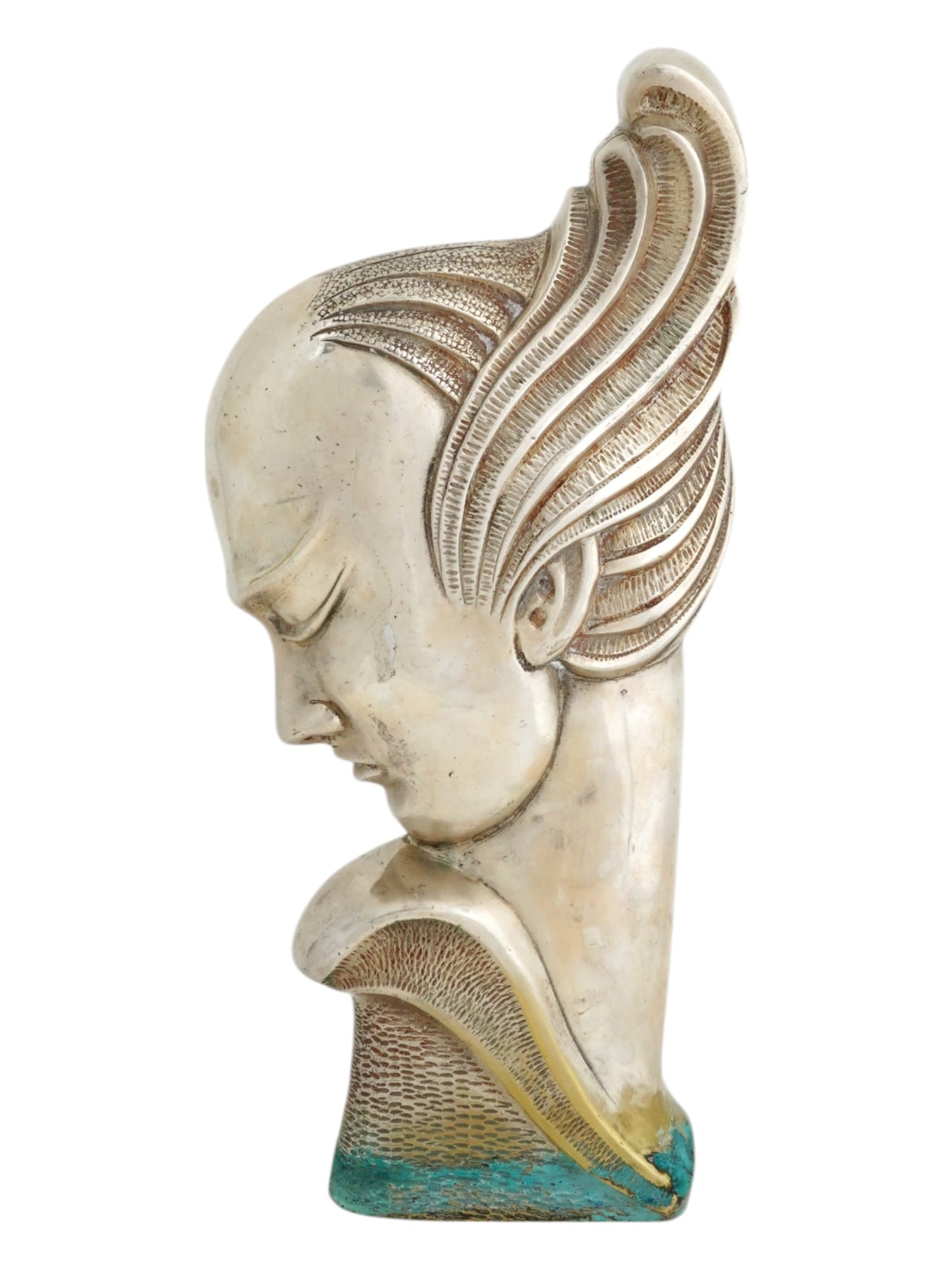 ANTIQUE ART DECO HEAD SCULPTURE BY KARL HAGENAUER: Karl Hagenauer, Austrian, 1898 to 1956, Art Deco head sculpture. The sculpture is a lowered male head with a high hairstyle and closed eyes. Marked on the back side. Karl Hagenauer was an influential