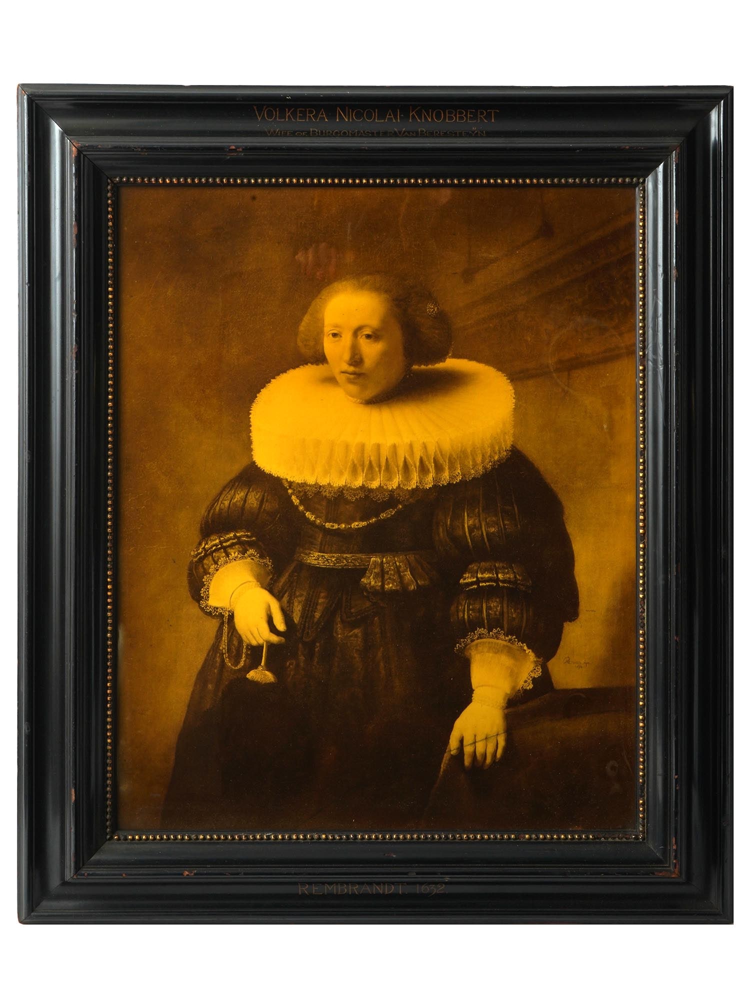 ANTIQUE FEMALE PORTRAIT SEPIA PRINT AFTER REMBRANDT: An antique sepia tone print of Volera Nicolai Knobbery, wife of Burgomaster Van Beresteyn after the original oil painting on canvas, 1632. Signed and dated in the print, lower right. Framed. Inscribed