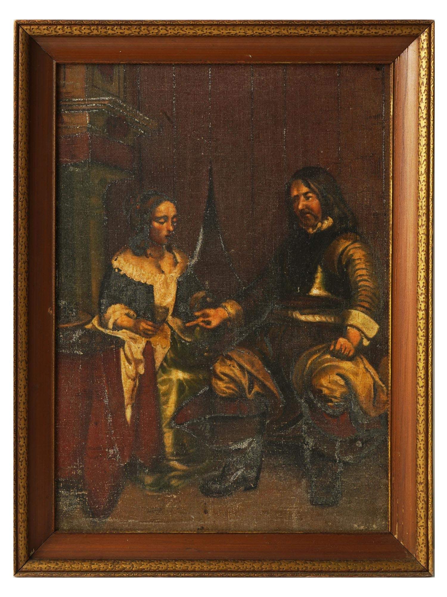 PAINTING MILITARY GALLANT AFTER GERARD TER BORCH FRAMED: After Gerard Ter Borch, also known as Gerard Terburg, Dutch, 1617 to 1681, an oil painting on canvas titled The Military Gallant or Young Woman to Which a Man Offers Money. Framed. Gerard Ter Borch wa
