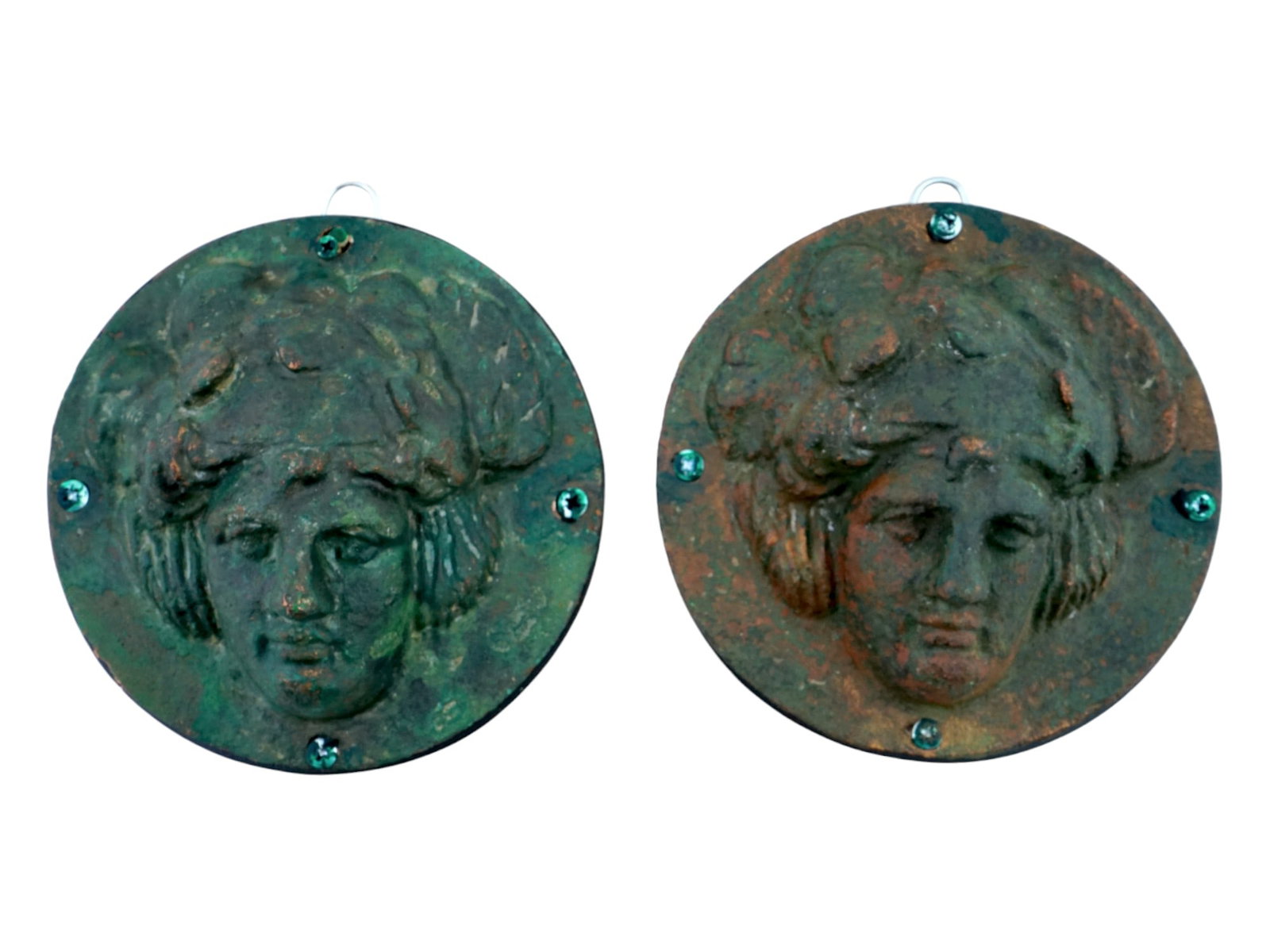 PAIR OF ANTIQUE ITALIAN BAROQUE BRONZE GREEK PLAQUES: A pair of antique Italian Baroque bronze plaques in Greek style, depicting female portraits. The bronze medium adds a touch of grandeur to each piece, while the Greek-style female portraits evoke clas
