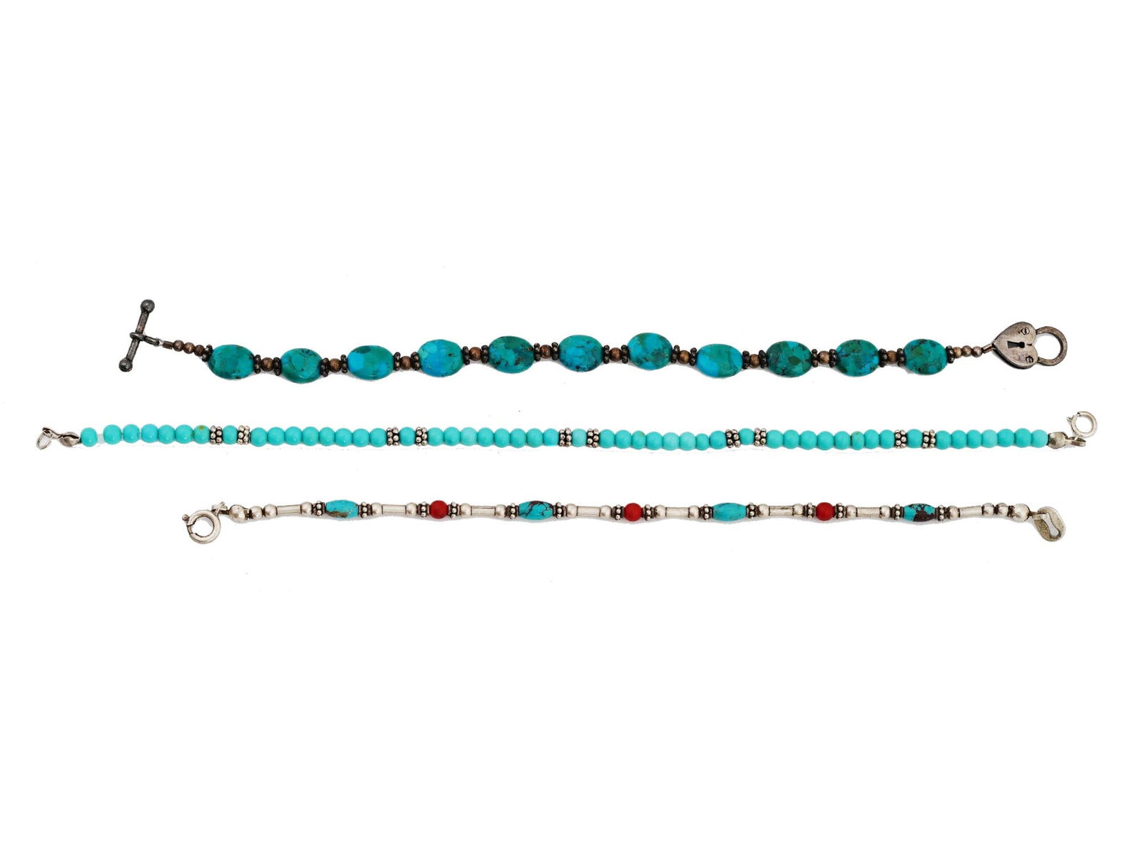 OLD PAWN NATIVE AMERICAN ST SILVER TURQUOISE BRACELETS: A lot of three Old Pawn Native American sterling silver and turquoise bracelets. All bracelets with turquoise differ in design, the last bracelet has red inserts, possibly coral. All are marked with 9