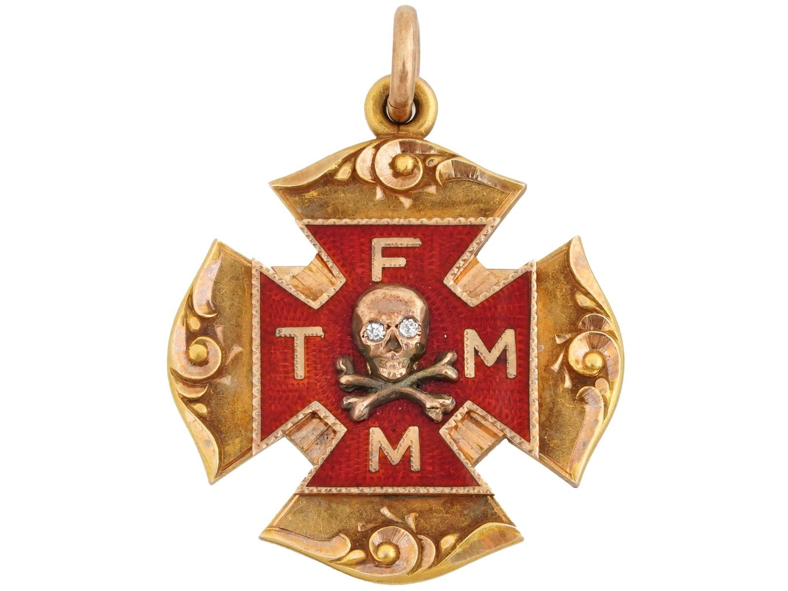 14K GOLD ENAMEL MALTESE CATHOLIC CROSS PENDANT: A Victorian 14K Rose Gold and enamel Maltese cross pendant. More likely, belonged to the Knights of Columbus, the worlds largest Catholic fraternal service organization. Featuring knight crest on fron