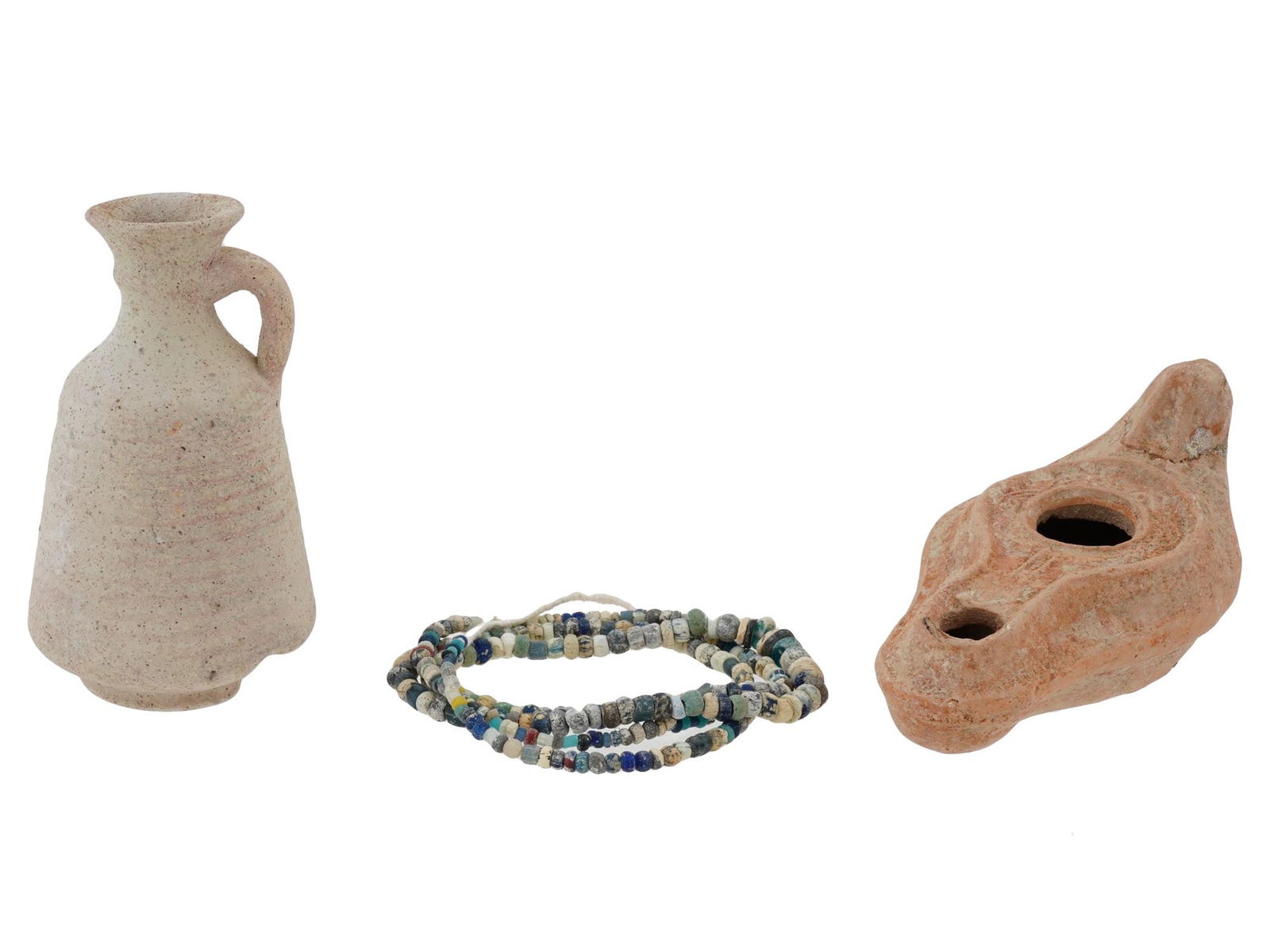 ANCIENT ROMAN OIL LAMP JUG AND GLASS BEADED NECKLACE (1 of 4)