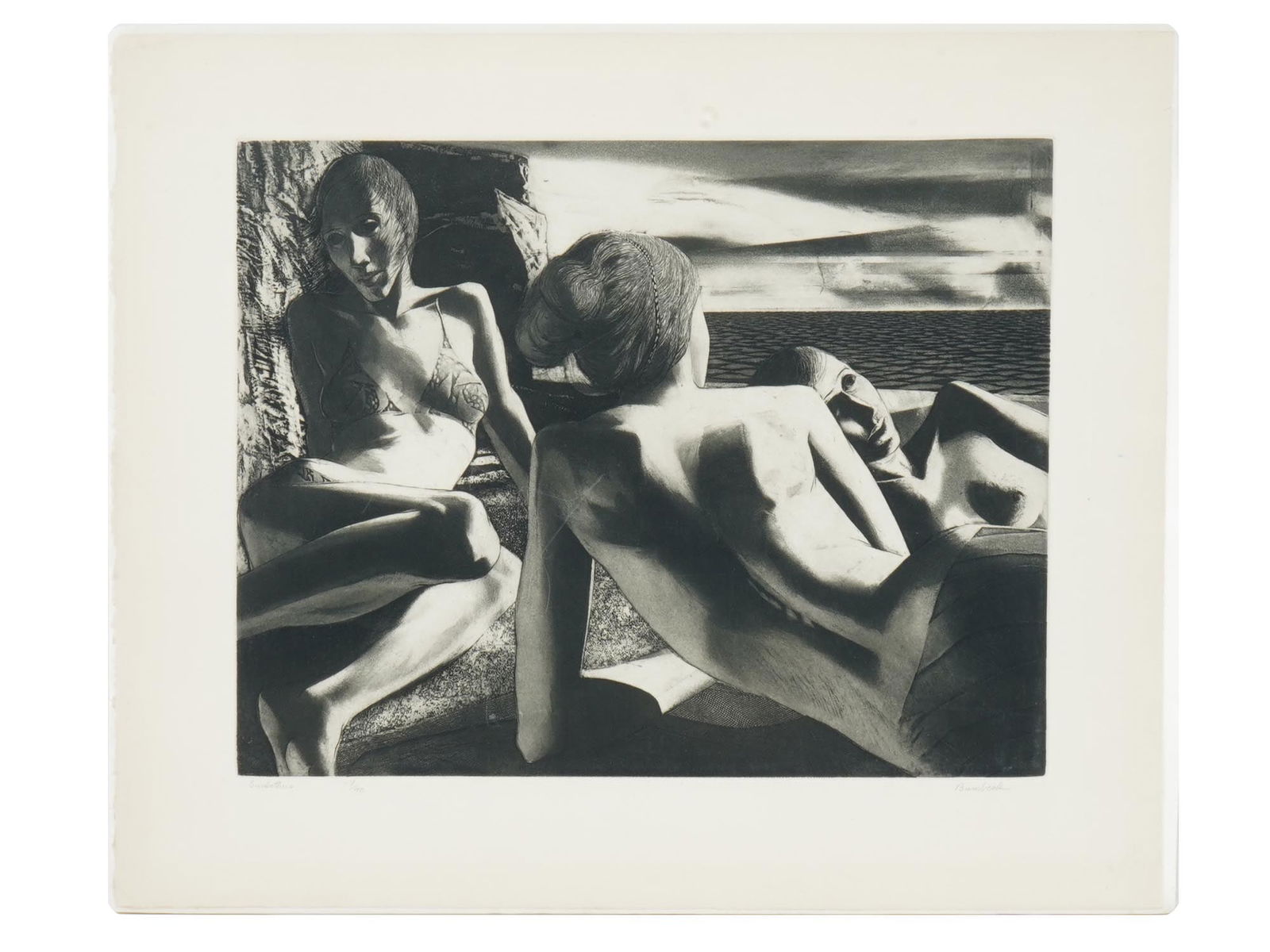 LTD MODERN AMERICAN WOMEN ETCHING BY DAVID BUMBECK: David A. Bumbeck, American, born 1940, a limited edition etching on paper, Sunbathers, depicting a group portrait of three reclining women. Signed in pencil, lower right. Numbered 7 of 40 in pencil, l
