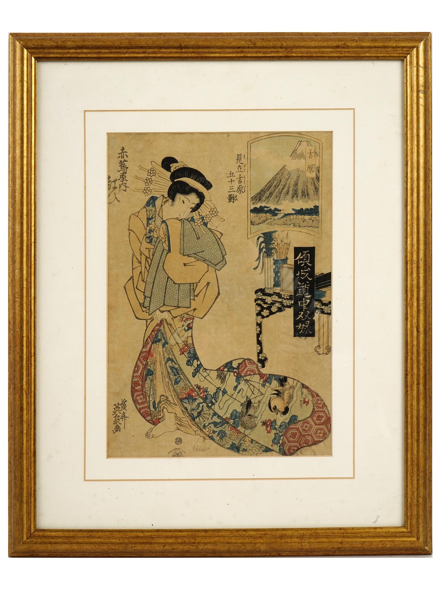 ANTIQUE JAPANESE WOODBLOCK BY KEISAI EISEN SIGNED: Keisai Eisen, Japanese, 1790 to 1848, a woodblock print depicting a female in a traditional attire. Signed and sealed. Matted and framed. Keisai Eisen was a ukiyo-e artist who specialised in bijin-ga.