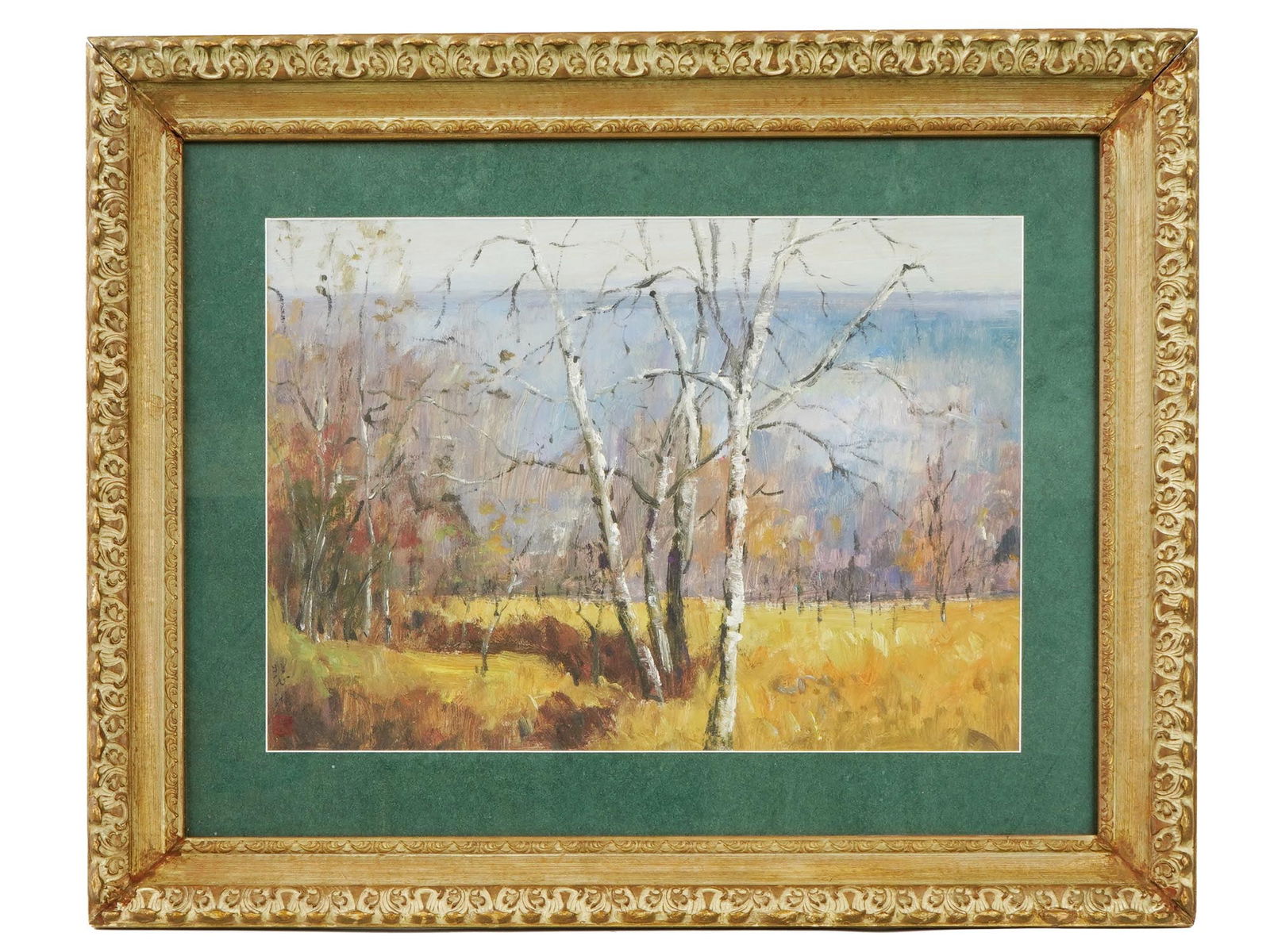 AFTER XU BEIHONG CHINESE LANDSCAPE OIL PAINTING: Oil on board painting. In the manner of Xu Beihong, 1895 to 1953, a Chinese artist and art teacher whose art is considered the essence of 20th-century China. The artwork depicts a fall forest landscap