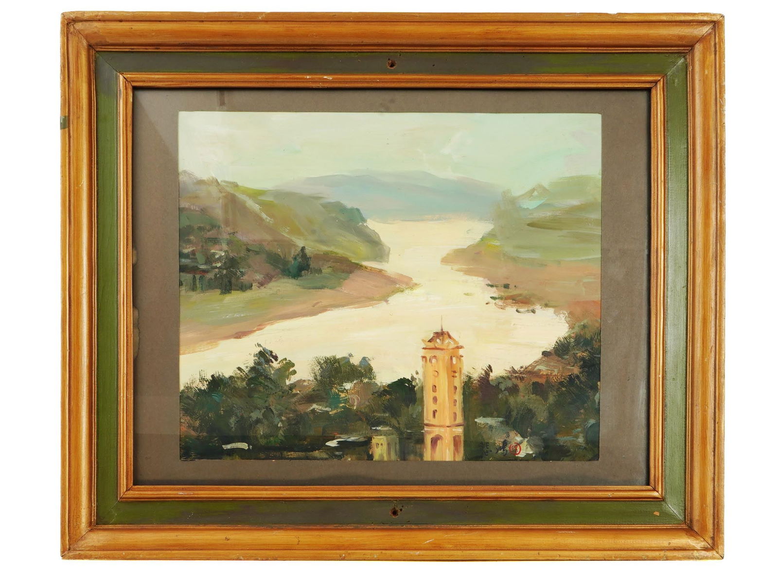 AFTER XU BEIHONG CHINESE LANDSCAPE OIL PAINTING: Oil on board painting. In the manner of Xu Beihong, 1895 to 1953, a Chinese artist and art teacher whose art is considered the essence of 20th-century China. The artwork depicts a river valley with ar