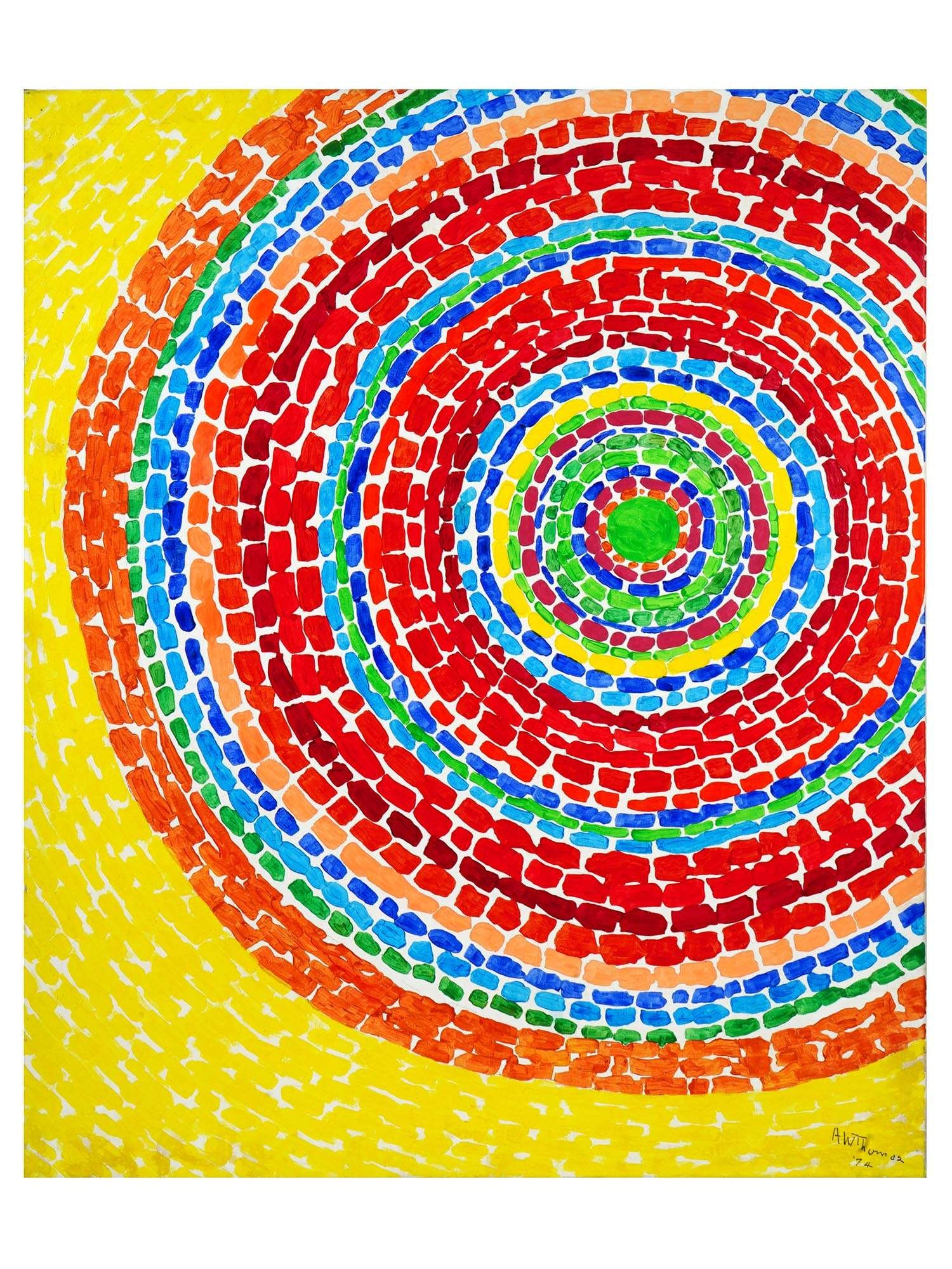AFTER ALMA THOMAS AMERICAN ABSTRACT OIL PAINTING: Oil on canvas painting. After the 1970 artwork titled The Eclipse by Alma Woodsey Thomas, 1891 to 1978, an African-American artist and teacher who lived and worked in Washington, DC. The Eclipse was t