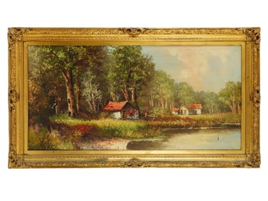 VINTAGE OIL ON CANVAS LANDSCAPE PAINTING W VILLAGE