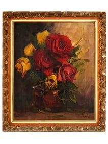 ANTIQUE OIL ON CANVAS STILL LIFE PAINTING W ROSES