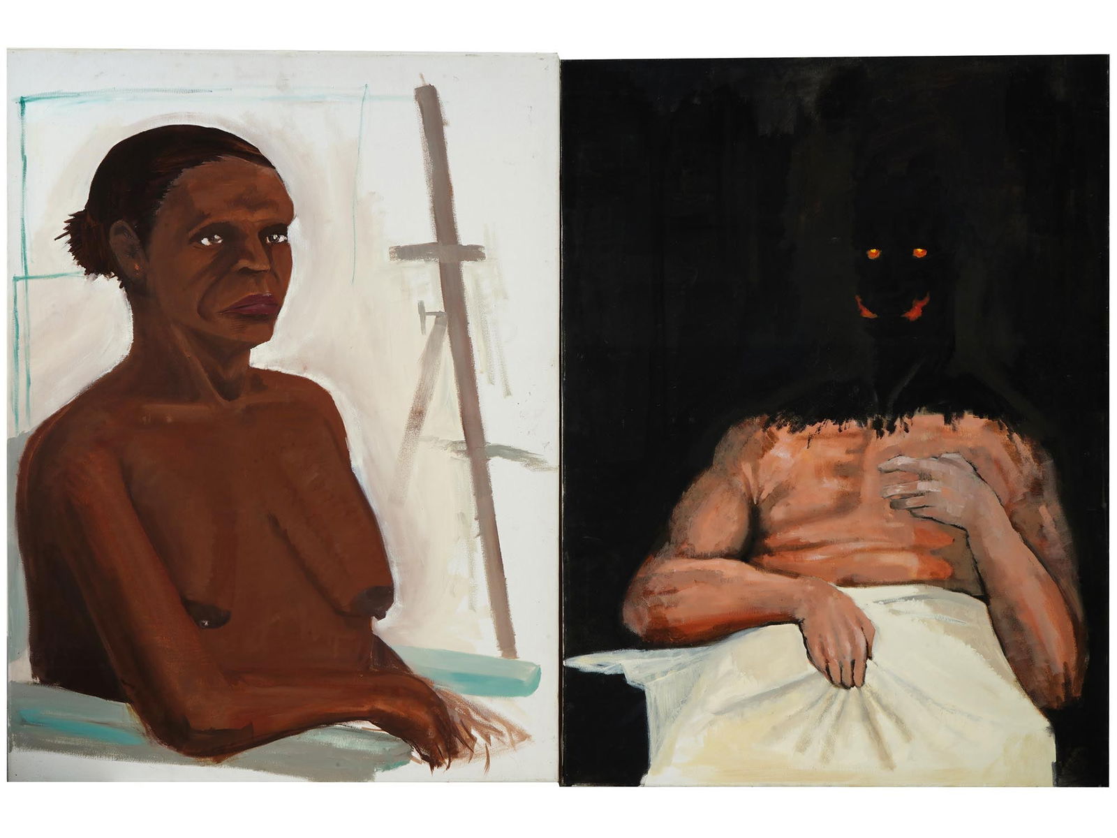 BACON MANNER EXPRESSIONIST PORTRAIT OIL PAINTINGS: A Modern oil paintings on canvas depicting Expressionist portraits in the manner of Francis Bacon, English, 1909 to 1992. The first painting depicts a nude portrait of an African woman. The second dep