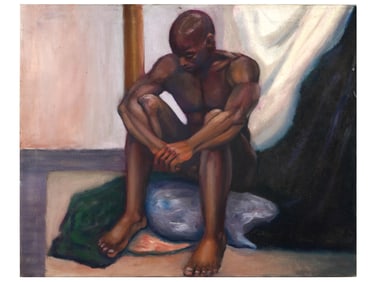 MODERN AFRICAN MALE NUDE PORTRAIT OIL PAINTING