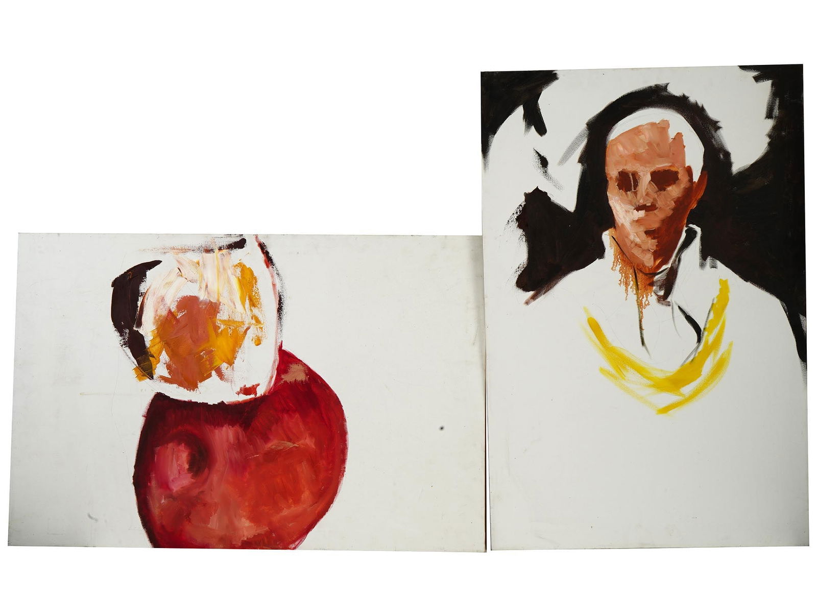 BACON MANNER EXPRESSIONIST PORTRAIT OIL PAINTINGS: A lot of two Modern oil paintings on canvas depicting Expressionist portraits in the manner of Francis Bacon, English, 1909 to 1992. Unsigned. Francis Bacon was an Irish born British figurative painte