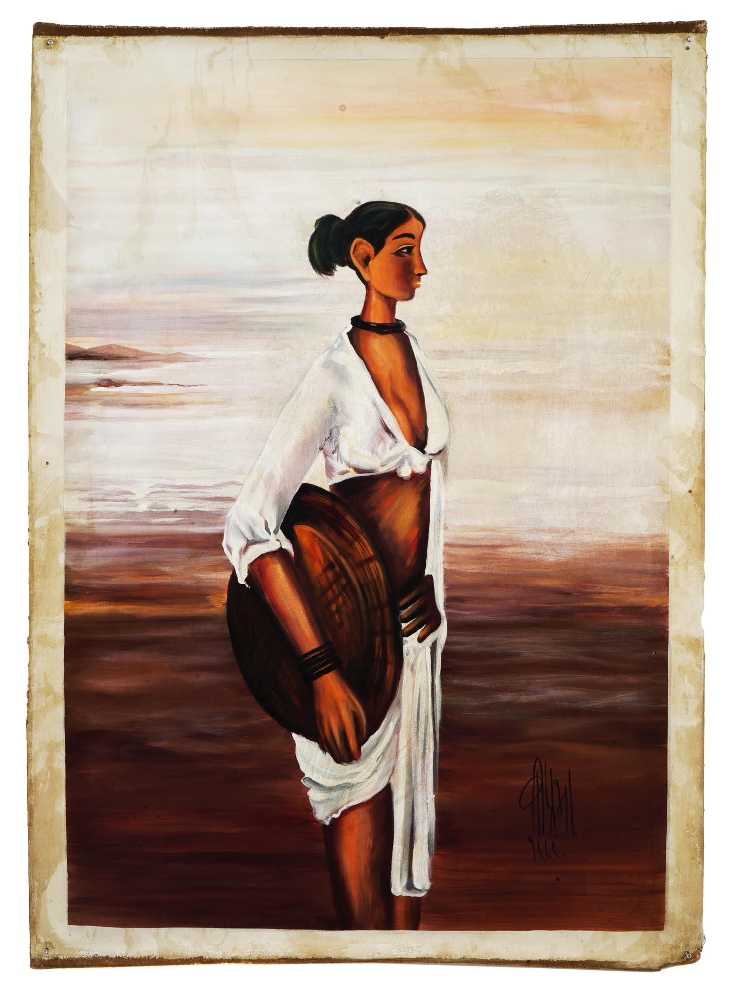 INDIAN PORTRAIT OIL PAINTING ATTR B PRABHA W COA: Attributed to B. Prabha, Indian, 1933 to 2001, oil painting on canvas, Fisherwoman, 1989. Signed and dated, lower right. Completed with a certificated of authenticity, signed by Nayana Sarmalkar. B. P