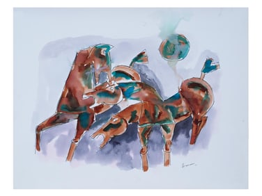 ATTR TO MF HUSAIN INDIAN MIXED MEDIA PAINTING ON PAPER