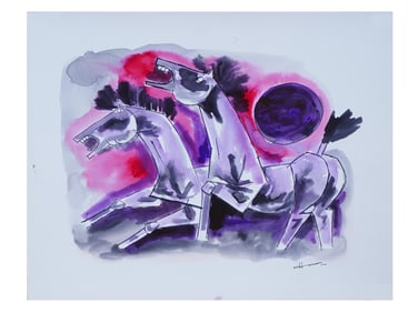 ATTR TO MF HUSAIN INDIAN MIXED MEDIA PAINTING ON PAPER