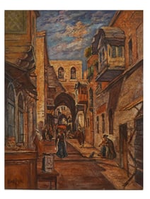RUSSIAN OIL PAINTING JERUSALEM STREET BY DAVID BURLIUK
