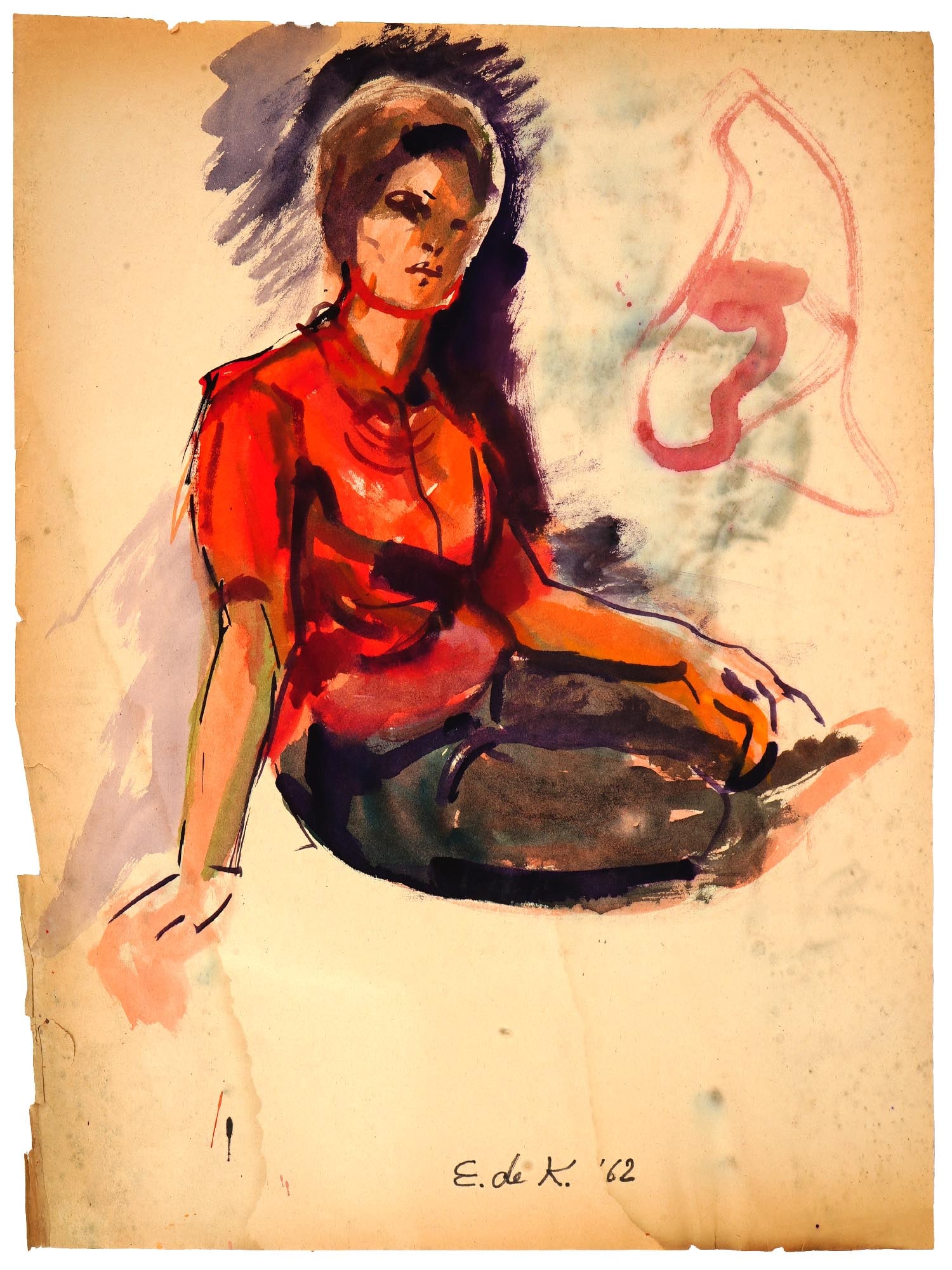 ATTRIBUTED TO ELAINE DE KOONING WATERCOLOR PAINTING: Attributed to Elaine Fried de Kooning, American 1918 to 1989, a watercolor painting on paper depicting a study of a portrait of a seated woman, 1962. Signed and dated lower to the center. Elaine Marie