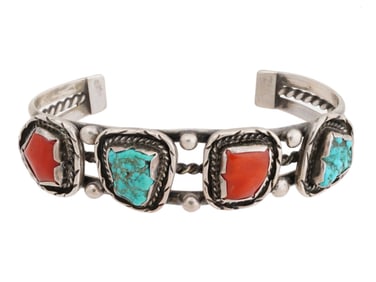 SILVER CUFF BRACELET W CORAL AND TURQUOISE SQUASH