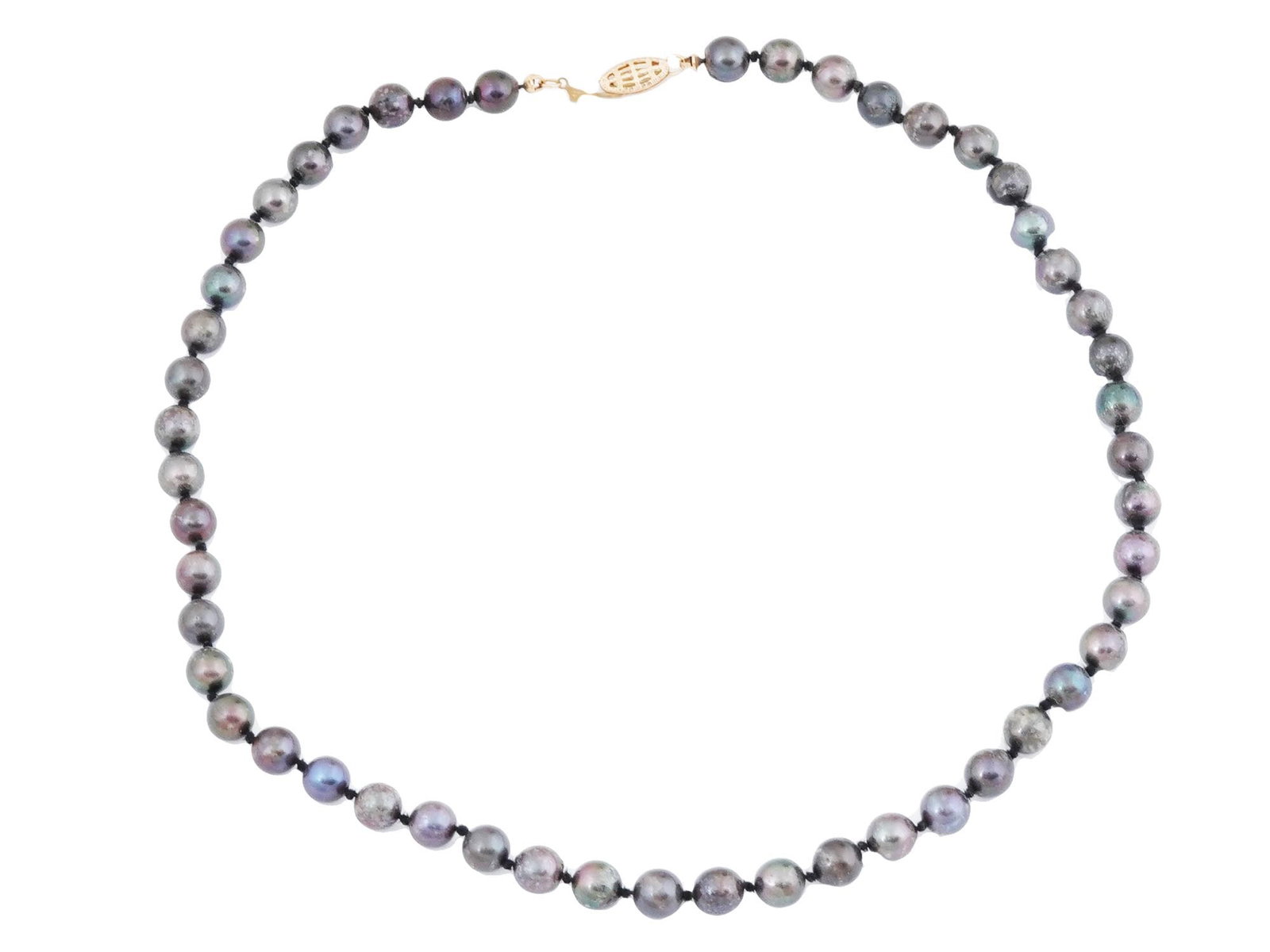 BLACK TAHITIAN PEARL NECKLACE WITH 14K GOLD CLASP: A vintage strand necklace composed of high luster baroque black Tahitian pearls that have iridescent tones of gray, silver and champagne. Hand-knotted on a silk strand. Bears a 14K gold clasp, hallmar