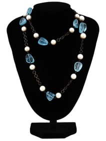 STERLING SILVER AQUAMARINE PEARL BEADED NECKLACE