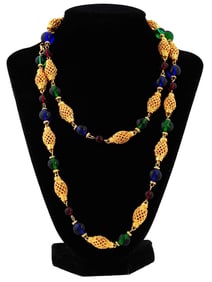 LARGE VINTAGE GILT AND COLORED GLASS BEAD NECKLACE