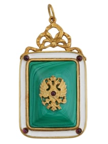 RUSSIAN IMPERIAL EAGLE GILT SILVER MALACHITE PENDANT