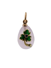 RUSSIAN 14K GOLD ENAMEL PINK QUARTZ EASTER EGG PENDANT