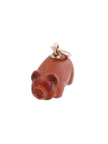 RUSSIAN 14K GOLD RUBY CARVED JASPER PIG EGG PENDANT
