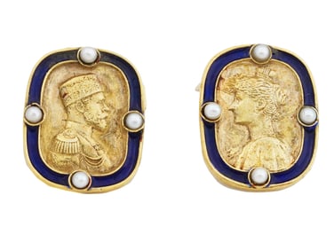 RUSSIAN SILVER ENAMEL NICHOLAS II CUFFLINKS W PEARLS