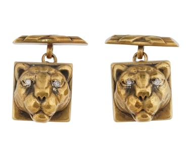 RUSSIAN SILVER JAGUAR CUFF LINKS WITH DIAMOND EYES