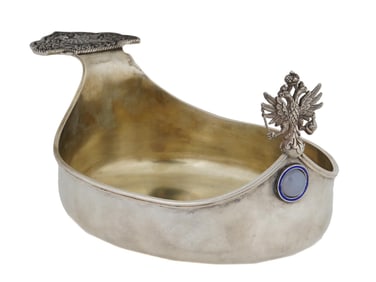 LARGE RUSSIAN SILVER KOVSH WITH CHALCEDONY AND ENAMEL
